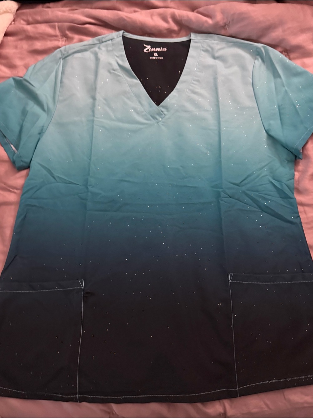 Ombre Teal to Black Sparkle Scrub Top